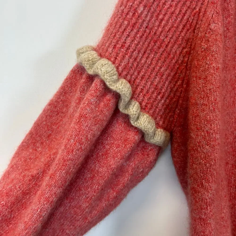 Joie Bodie V Neck Ruffle Sleeve Sweater Size Red Ponciana Cozy Feminine Chic - Picture 8 of 9